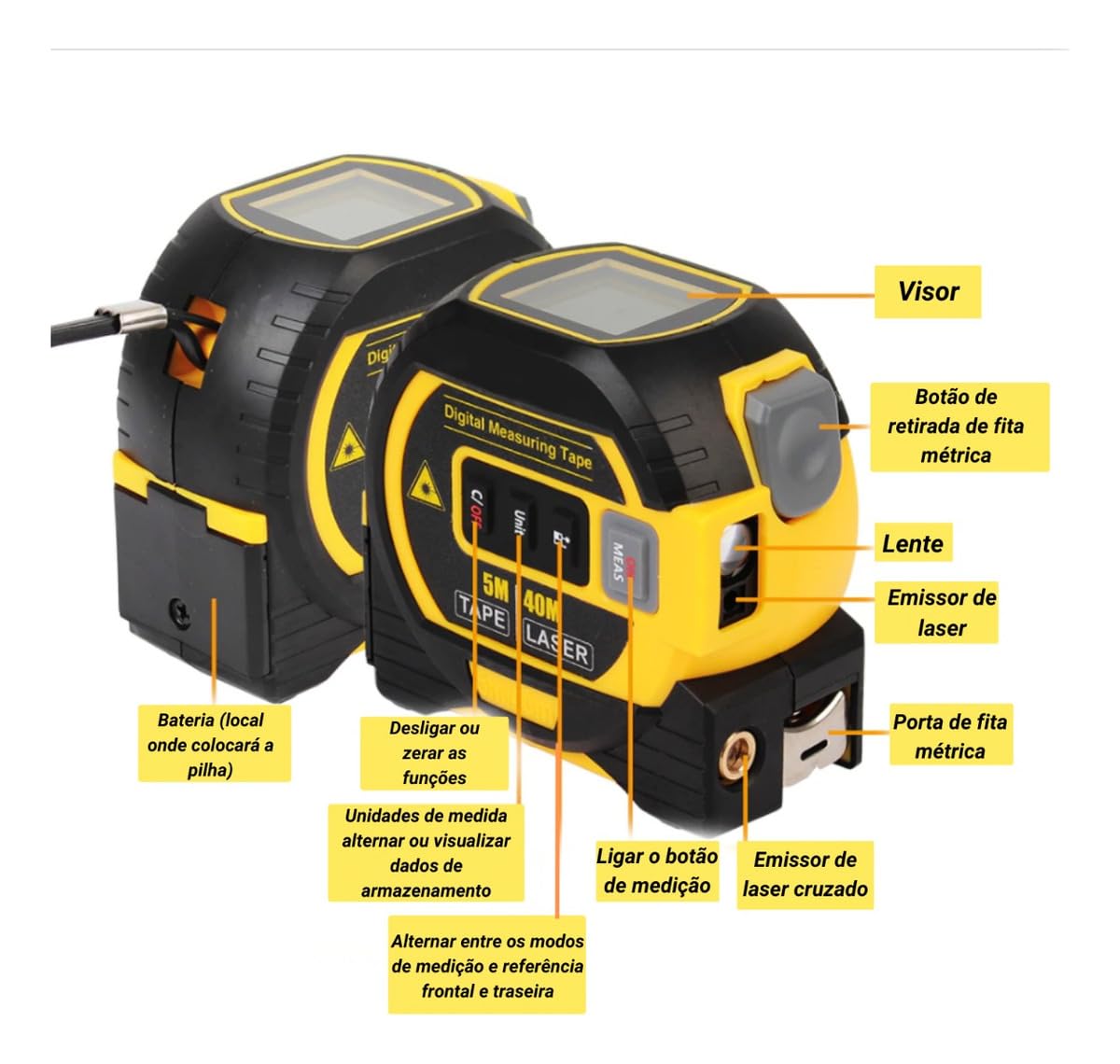 Trena Digital Com Visor Lcd Laser De Medição Até 40m Multifuncional 3 Em 1 TEM-Q65